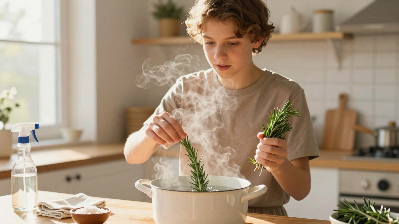 Young person adding fresh rosemary to a steaming pot in a bright, modern kitchen.