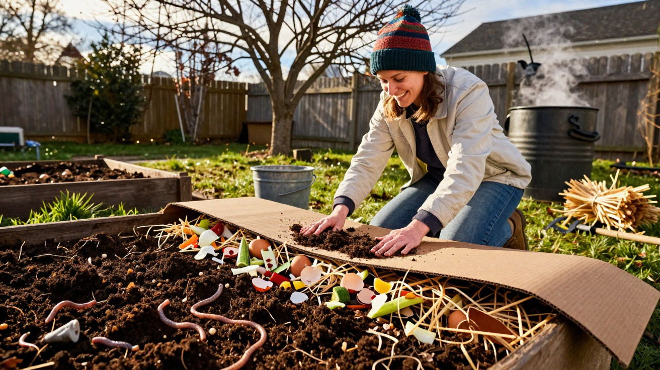 Person kneeling in garden bed covering soil enriched with food scraps and worms using cardboard.