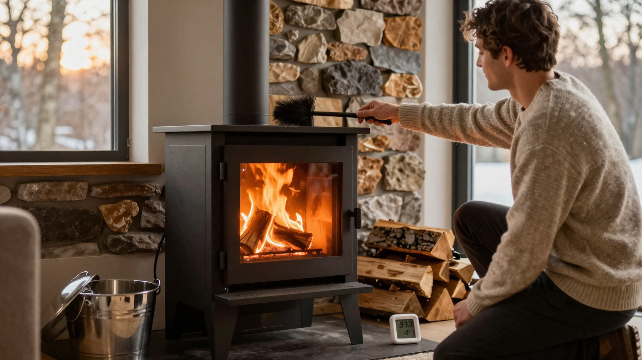 Person cleaning a wood-burning stove with a brush in a cosy stone-walled room during sunset.