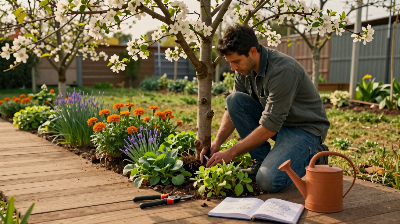Man gardening under a blossoming tree with plants, gardening tools, watering can, and a notebook nearby.