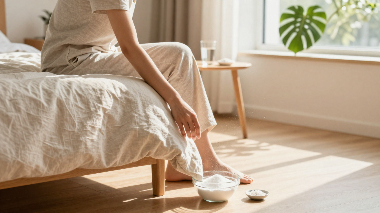 Person sitting on bed with feet in a bowl of water in a sunlit, minimal bedroom.