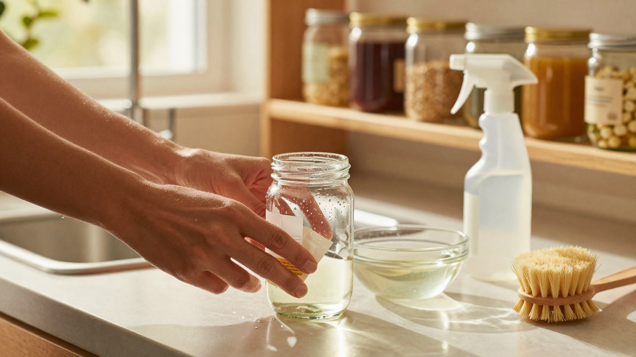 Hands holding a glass jar filled with water on a kitchen counter near cleaning supplies and jars of food.