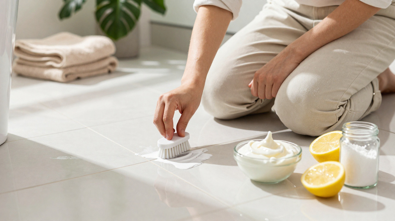 Person scrubbing a tiled floor with a brush and natural cleaning ingredients including lemon and baking soda nearby.