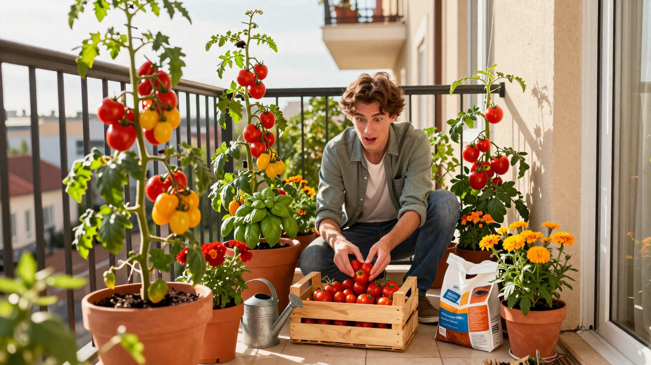 Young man harvesting ripe tomatoes on a sunny balcony garden surrounded by potted plants and flowers.