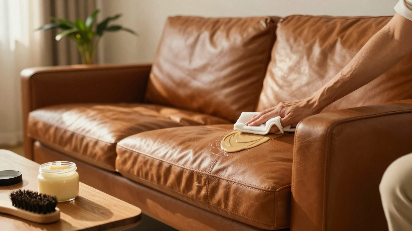 Person cleaning brown leather sofa with cloth and leather conditioner in sunlit living room
