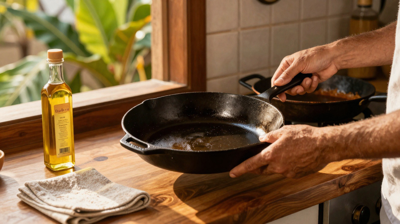 Person holding a cast iron skillet over a wooden kitchen counter with olive oil and a folded towel nearby.