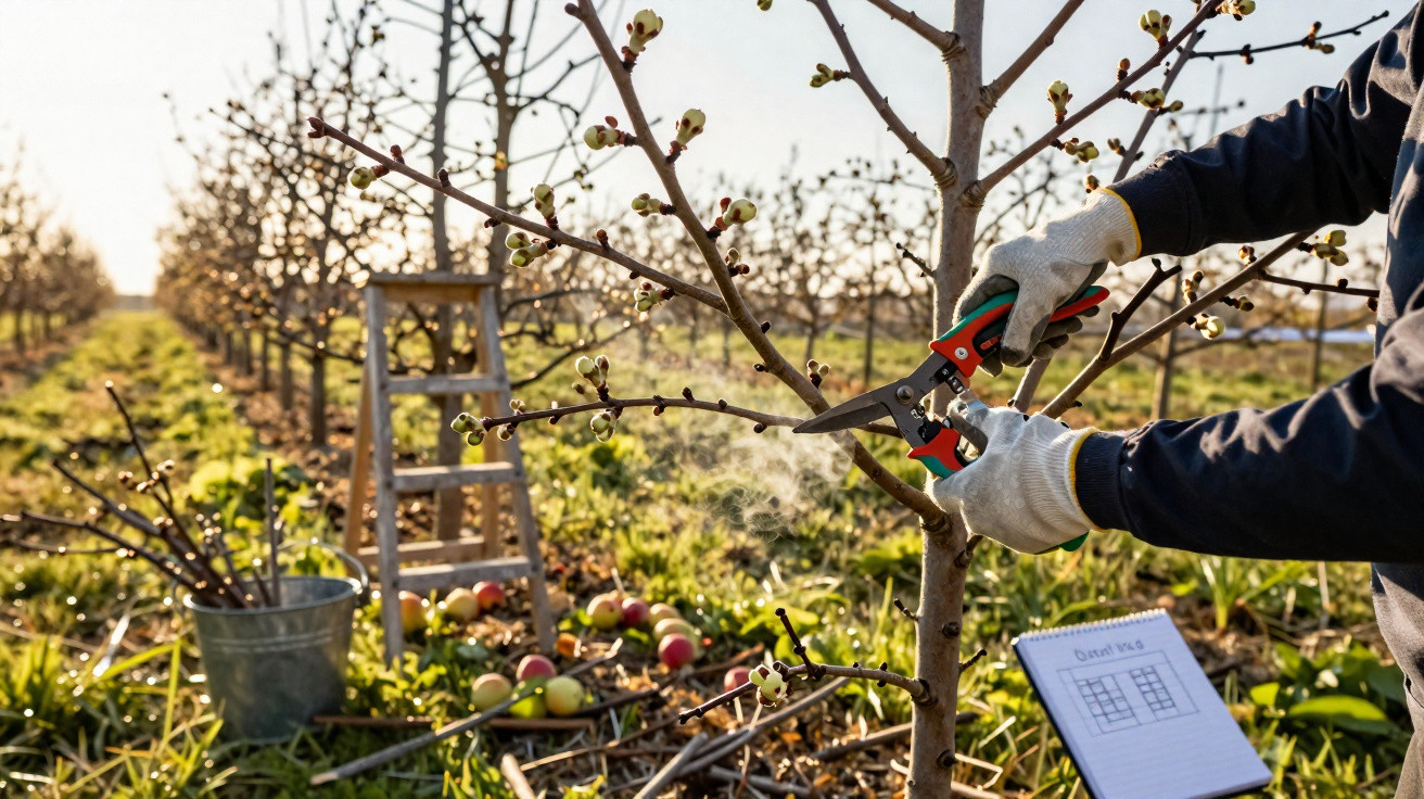 Person pruning budding branches on a fruit tree in an orchard with tools and harvest nearby.