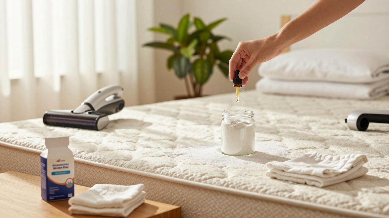 Hand holding dropper over jar of powder on bed with folded clothes, vacuum cleaner, and plant in background.