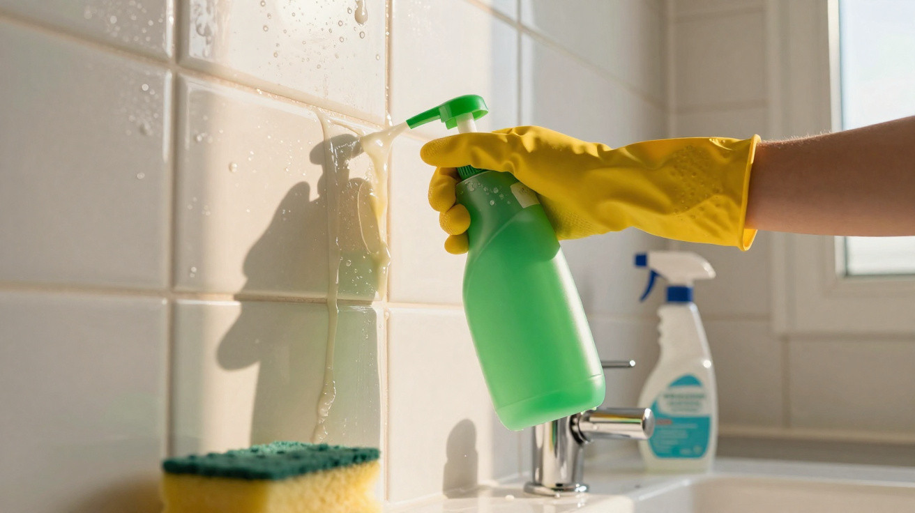 Hand wearing yellow glove spraying cleaning liquid on tiled wall above bathroom sink with sponge nearby.