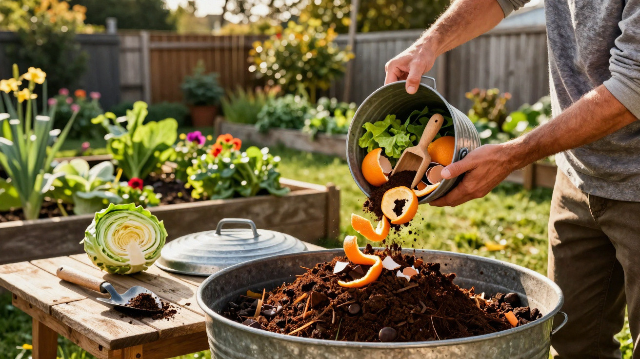 Person adding orange peels and vegetable scraps to a garden compost bin in a sunny backyard.