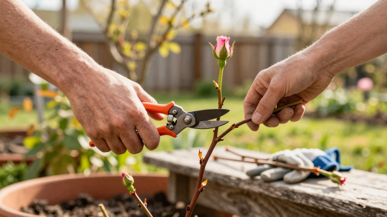 Hands pruning a pink rose stem with garden scissors in a sunny outdoor garden setting.
