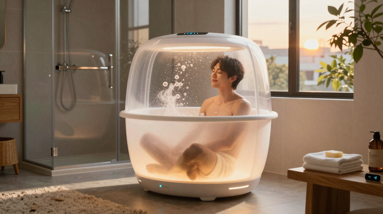 Person relaxing inside a modern transparent steam bath pod in a sunlit bathroom at sunset.