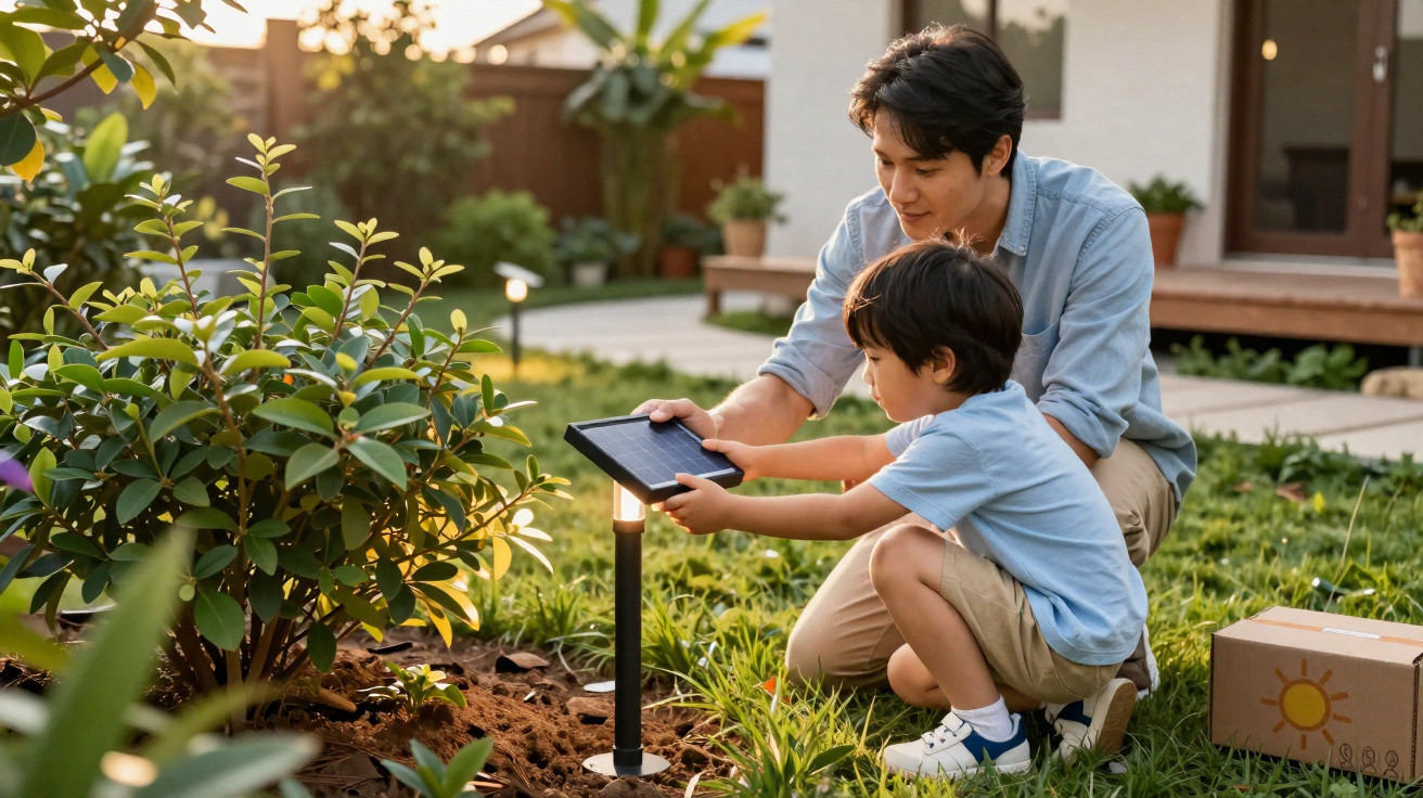 Father and son adjusting a solar garden light in a backyard during sunset.