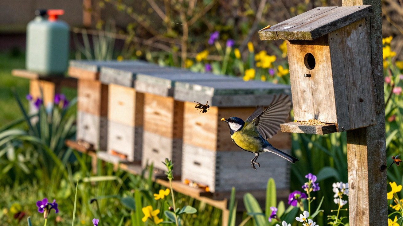 Great tit in flight near wooden birdhouse with multiple beehives and wildflowers in garden background.