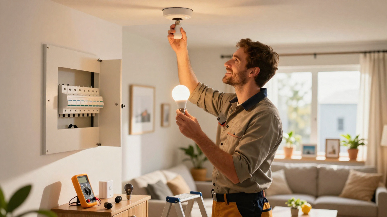 Electrician replacing a light bulb in a ceiling fixture in a bright living room.