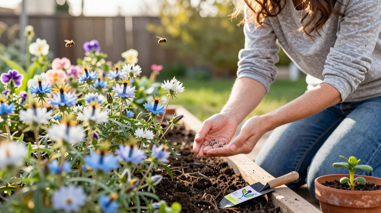 Person sowing seeds in a raised garden bed with bees flying around colourful flowers on a sunny day.