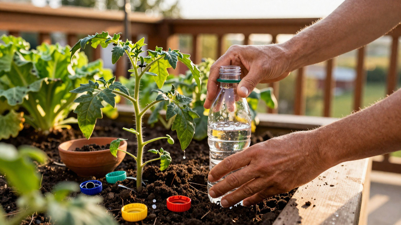 Hands watering a young tomato plant with a plastic bottle in a raised garden bed on a wooden deck.