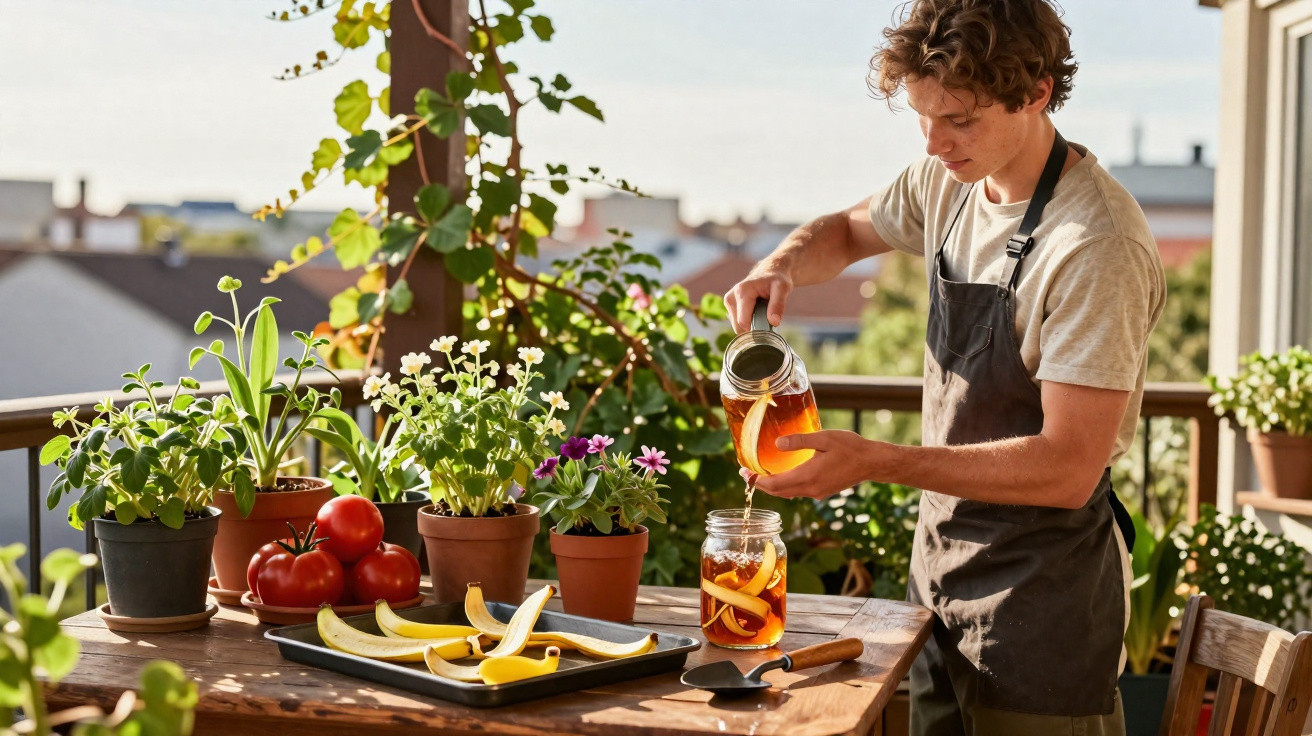 Young man in apron pouring iced tea into a jar on a balcony with potted plants and fresh vegetables.