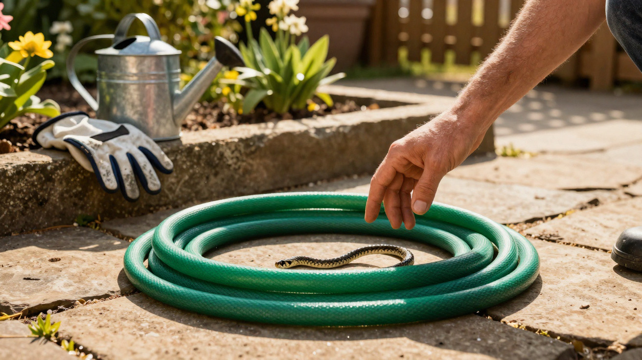 Hand reaching towards a small snake coiled inside a green garden hose on a stone patio.