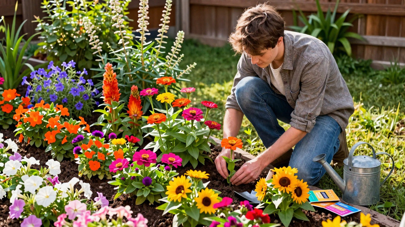 Young man planting flowers in a vibrant, colourful garden with gardening tools nearby on a sunny day.