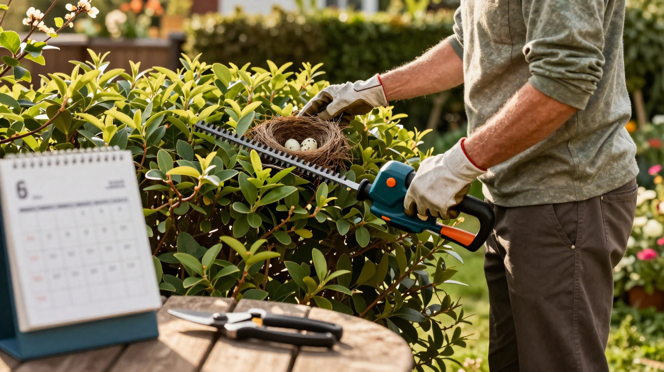 Person wearing gloves holding a bird's nest with eggs while trimming a bush in a garden in June.