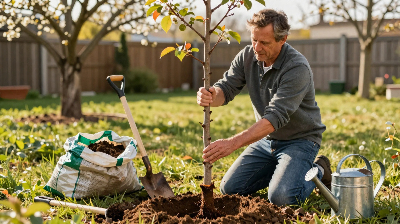 Man kneeling in garden planting a young tree with soil, shovel, and watering can nearby on a sunny day.