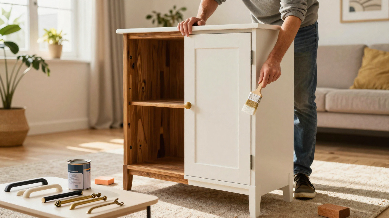 Person painting a white wooden cabinet door inside a bright living room.