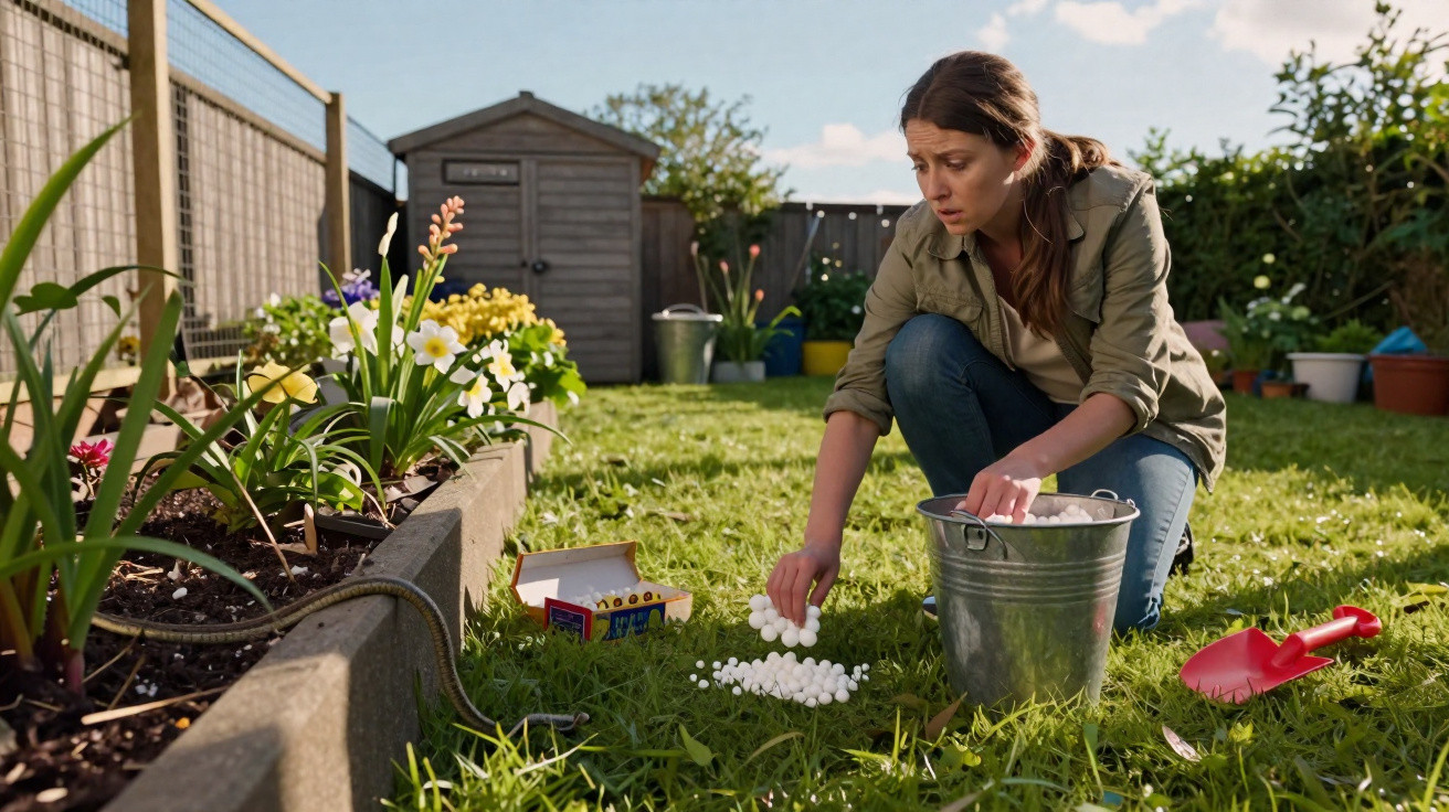 Woman kneeling on grass in garden, picking up scattered white pellets next to a metal bucket and red trowel