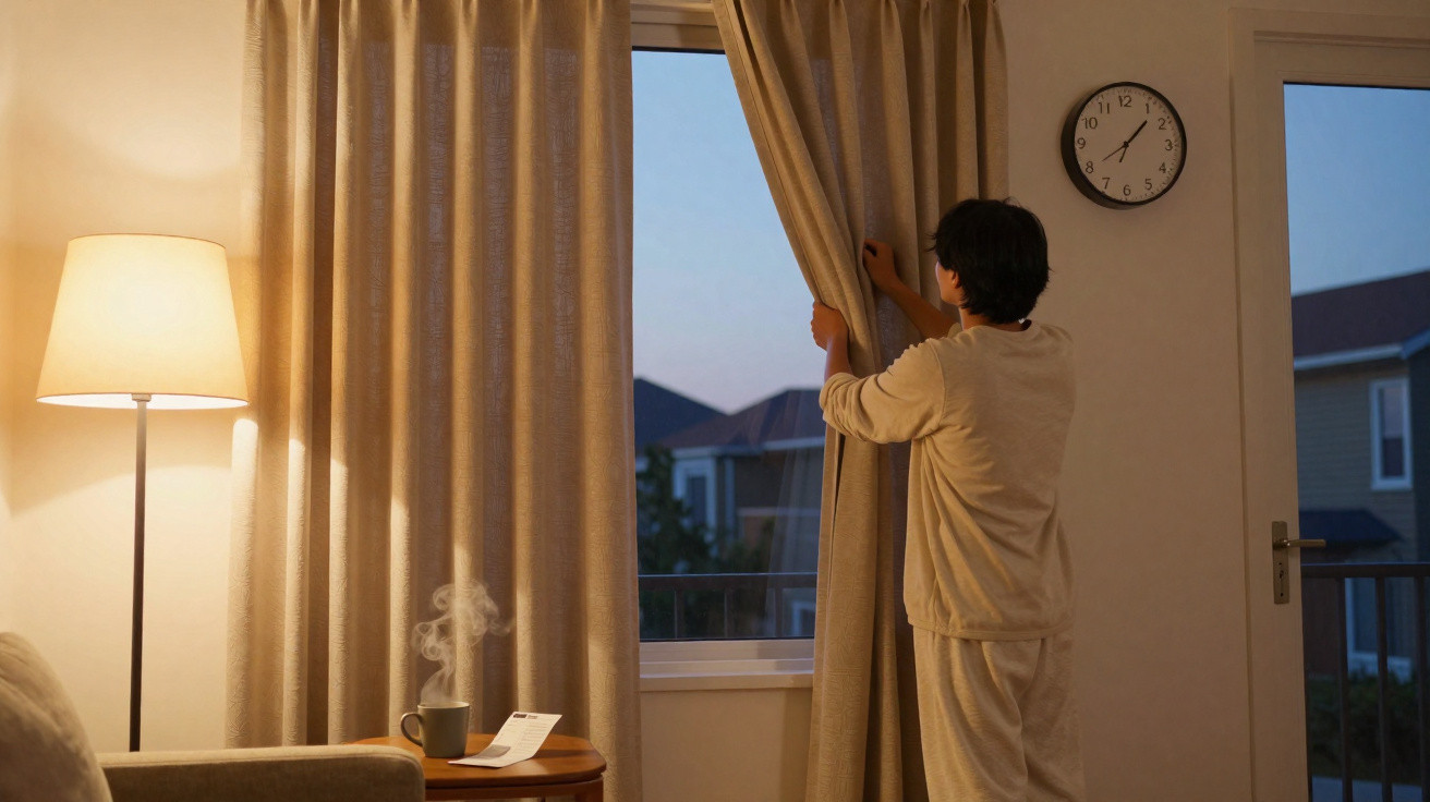 Person in pajamas opening beige curtains in a warmly lit room at dusk with a steaming cup on a table nearby.
