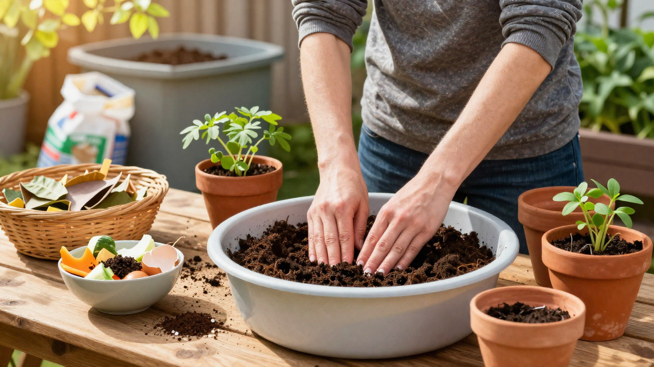 Person preparing soil in a large basin for planting, surrounded by small potted plants and gardening supplies on a table.