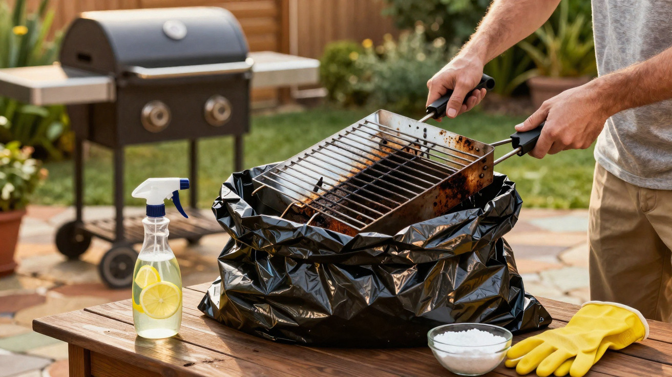 Person removing a dirty barbecue grill rack into a black bin bag on a wooden table outdoors.