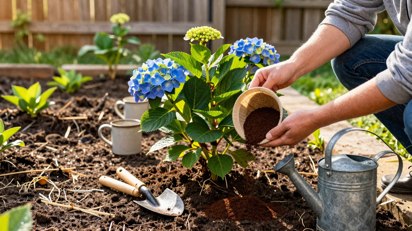 Person adding fertilizer to soil around blue hydrangea plant in sunny garden with gardening tools nearby