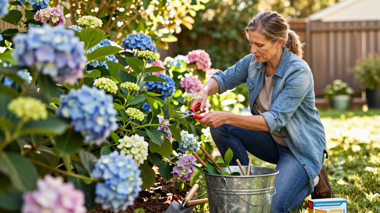 Woman pruning hydrangea flowers in sunny garden with gardening tools and bucket nearby
