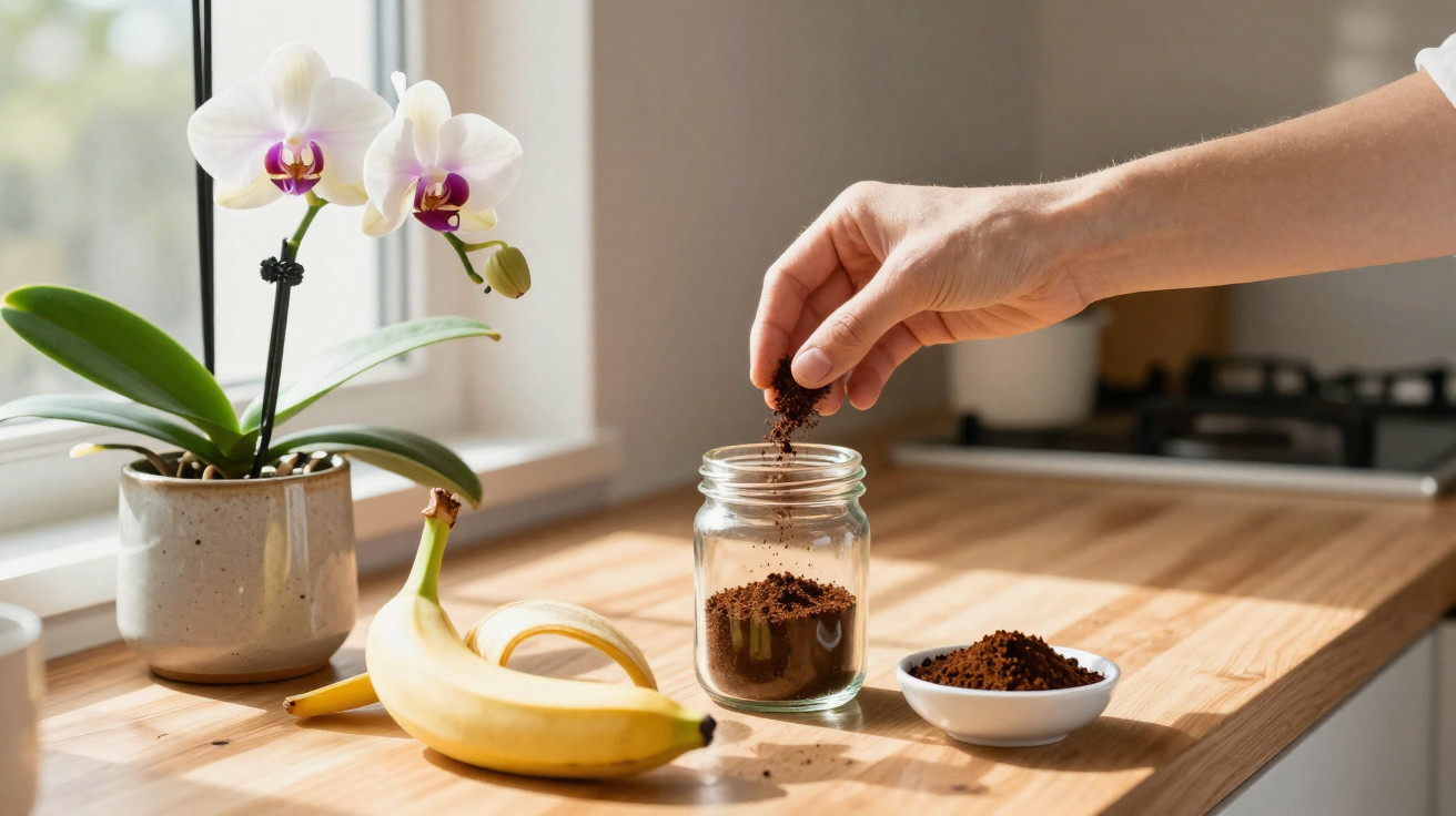 Hand holding ground coffee above jar on wooden kitchen counter with orchid plant and banana nearby.