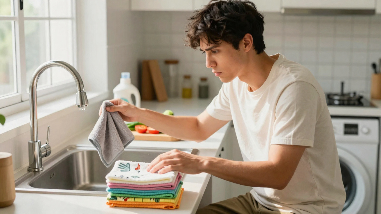 Young man folding colourful towels in a bright modern kitchen by the sink.