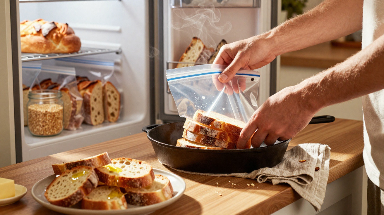 Person placing sliced bread from a plastic bag into a cast iron skillet on a wooden kitchen counter.