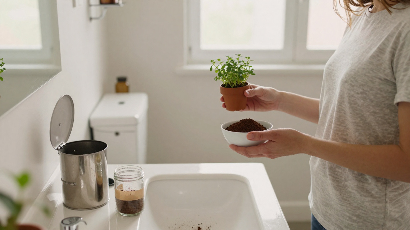 Person holding a small potted plant and a bowl of soil over a bathroom sink with natural light.
