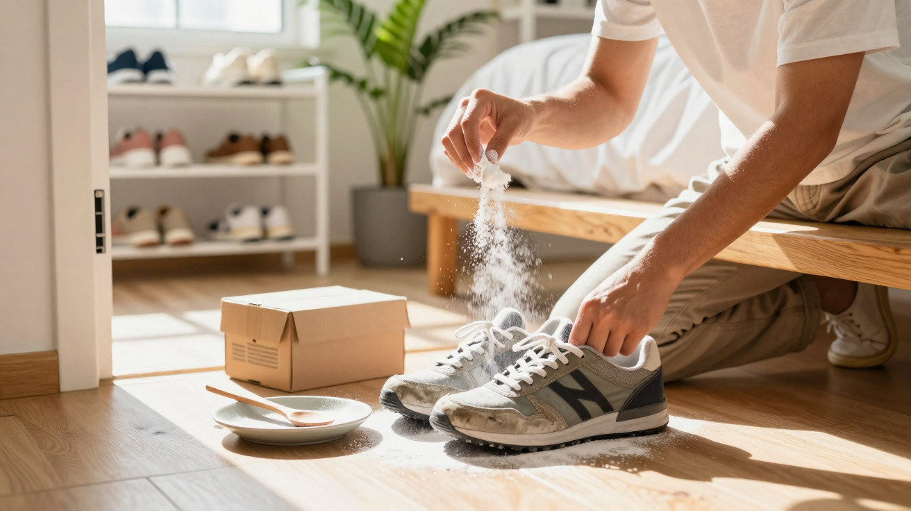 Person sprinkling baking soda into dirty sneakers on wooden floor in bright bedroom.
