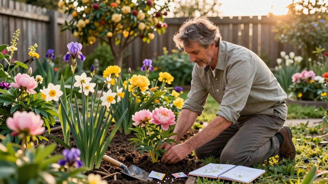 Man planting pink flowers in a vibrant garden with daffodils, irises, and gardening tools during golden hour.