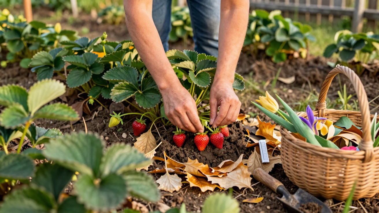 Hands harvesting ripe strawberries from a garden bed with a basket of flowers and gardening tools nearby.