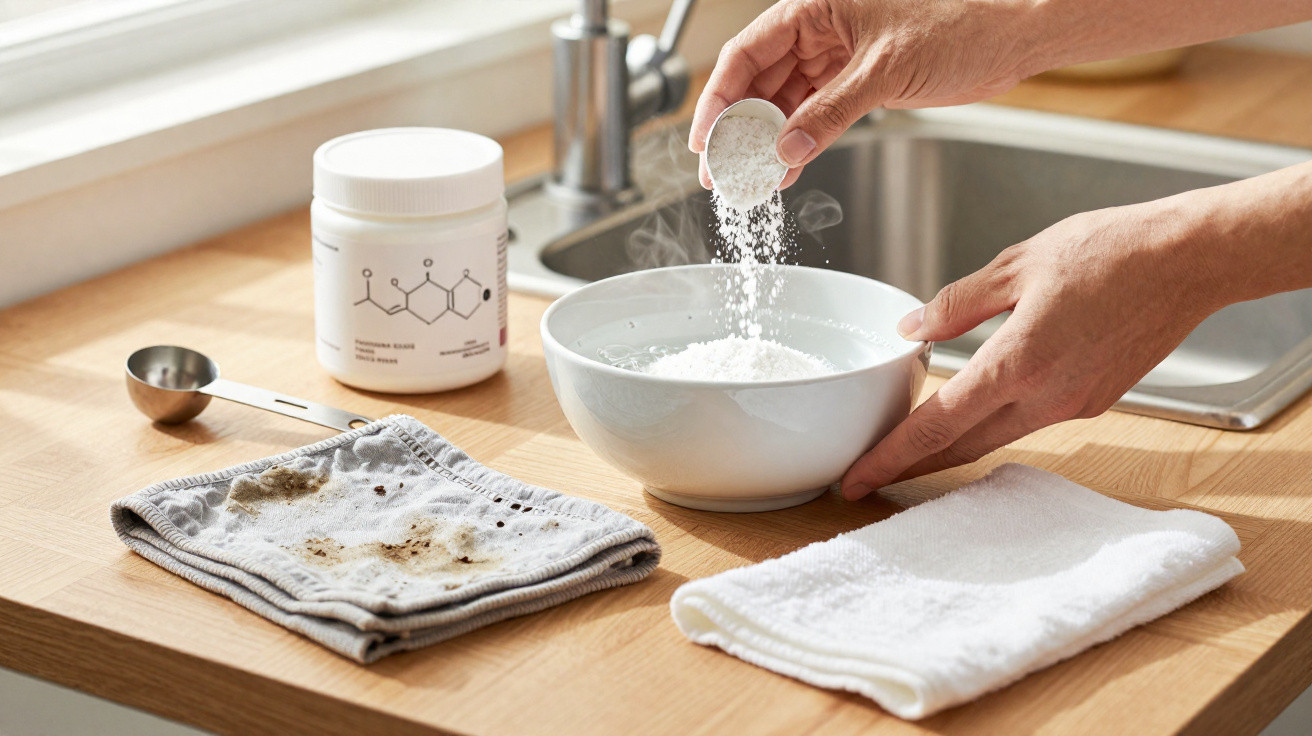 Person pouring white powder from a scoop into a steaming bowl on a kitchen counter with towels and container nearby.