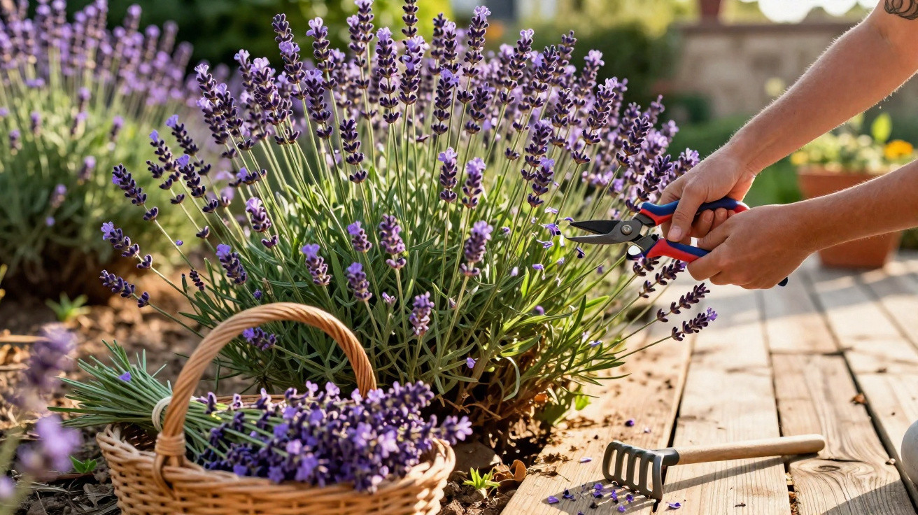 Hands clipping fresh lavender with pruning shears next to a basket of cut lavender on wooden decking.