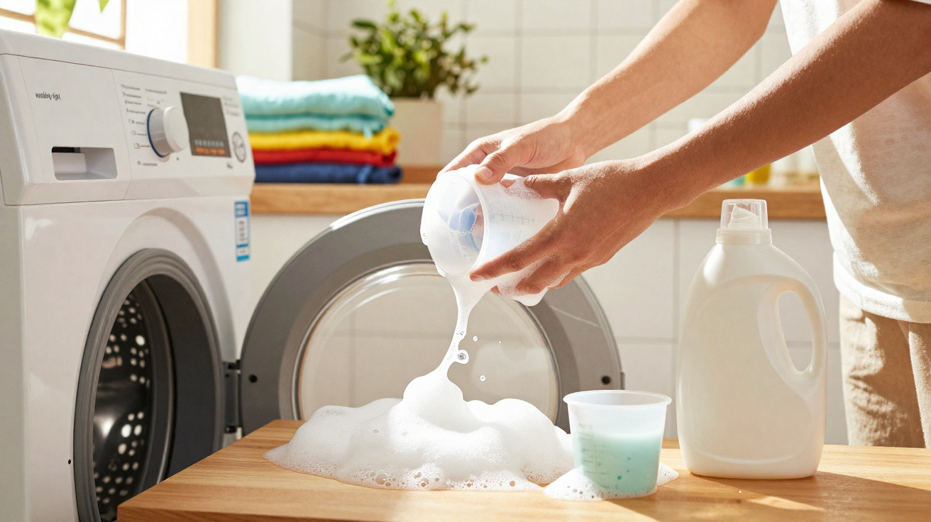 Person pouring liquid detergent from a measuring cup onto a wooden surface near a washing machine.