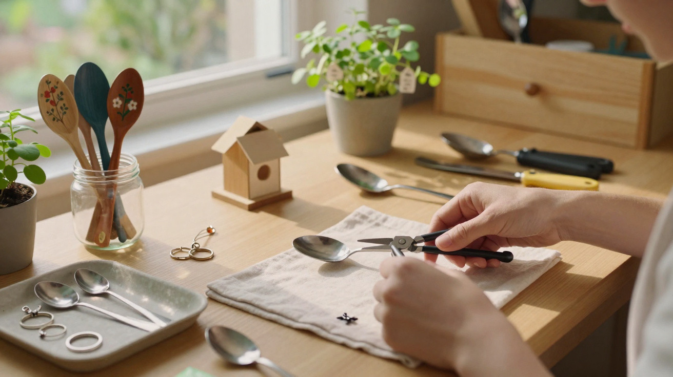 Person using a multitool to clean or modify a spoon on a cloth at a wooden table with various utensils and plants.