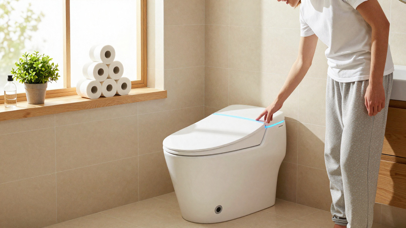 Person pressing button on modern smart toilet in bright, minimalist bathroom with stacked toilet rolls and plant on window si