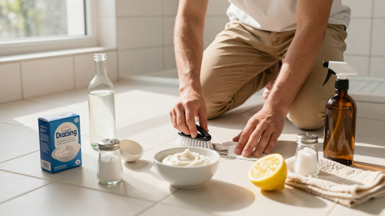 Person cleaning tiled floor with a brush, surrounded by baking soda, lemon, cream, and cleaning spray.