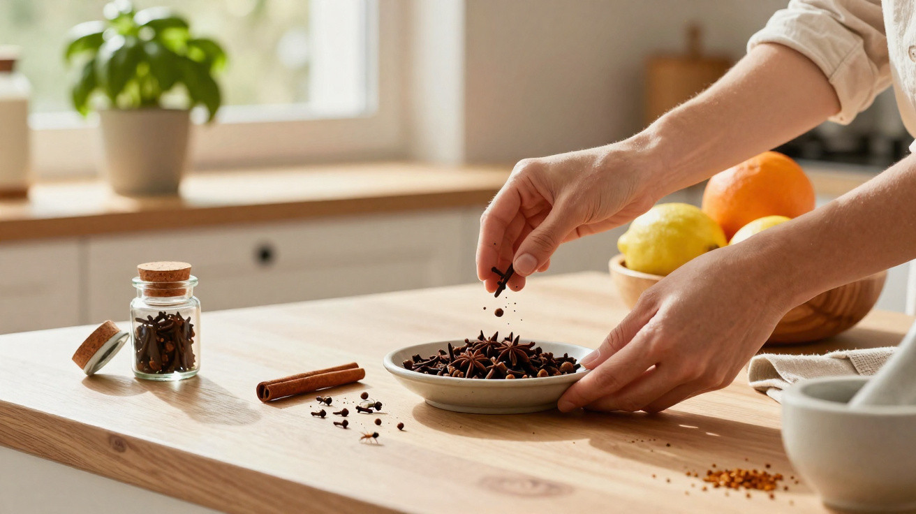 Hands sprinkling whole cloves into a bowl of star anise on a wooden kitchen countertop with fruit in the background.