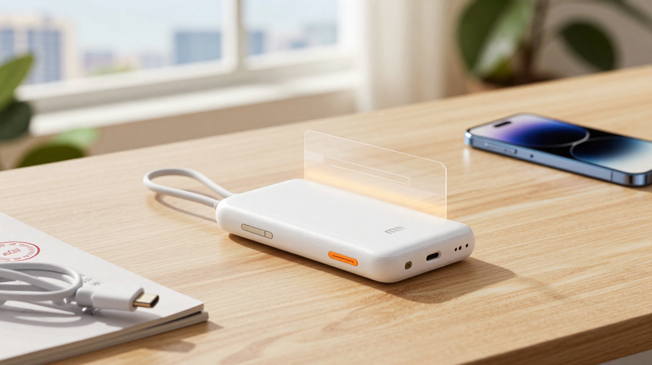 White portable power bank with wrist strap and phone stand on wooden table, smartphone and charging cable nearby.