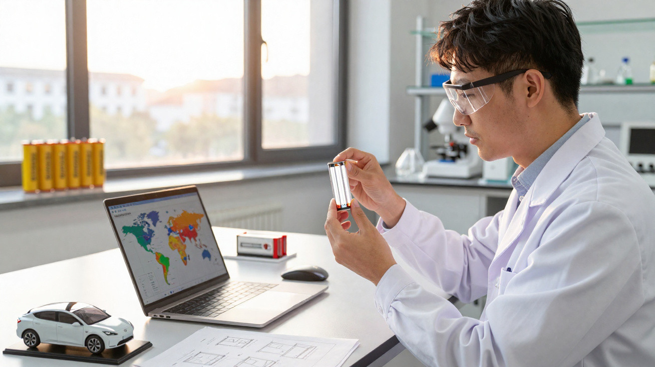 Scientist in lab coat and safety glasses examining battery cells at desk with laptop and car model.