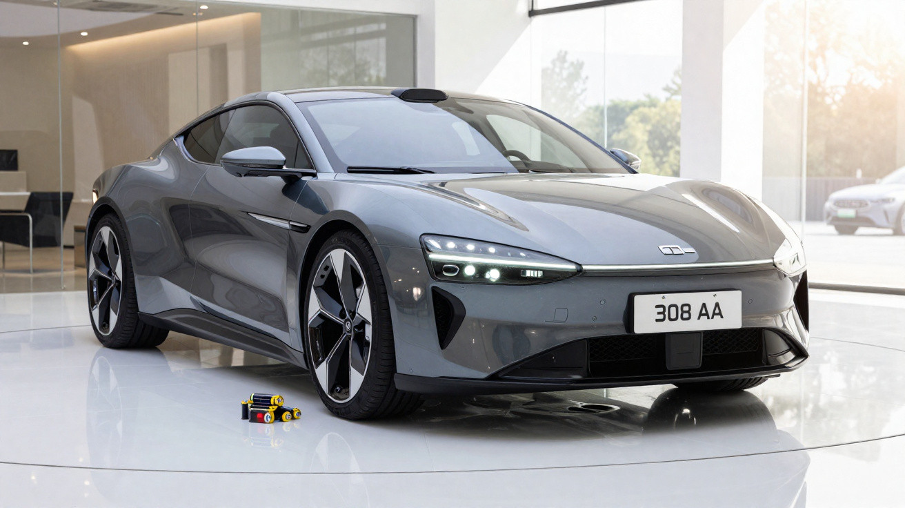 Sleek grey modern electric sports car displayed indoors with unique wheel design and LED headlights.